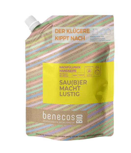 benecosBio Nachfüllbeutel 1000 ml Handseife - Sau(b)er macht lustig